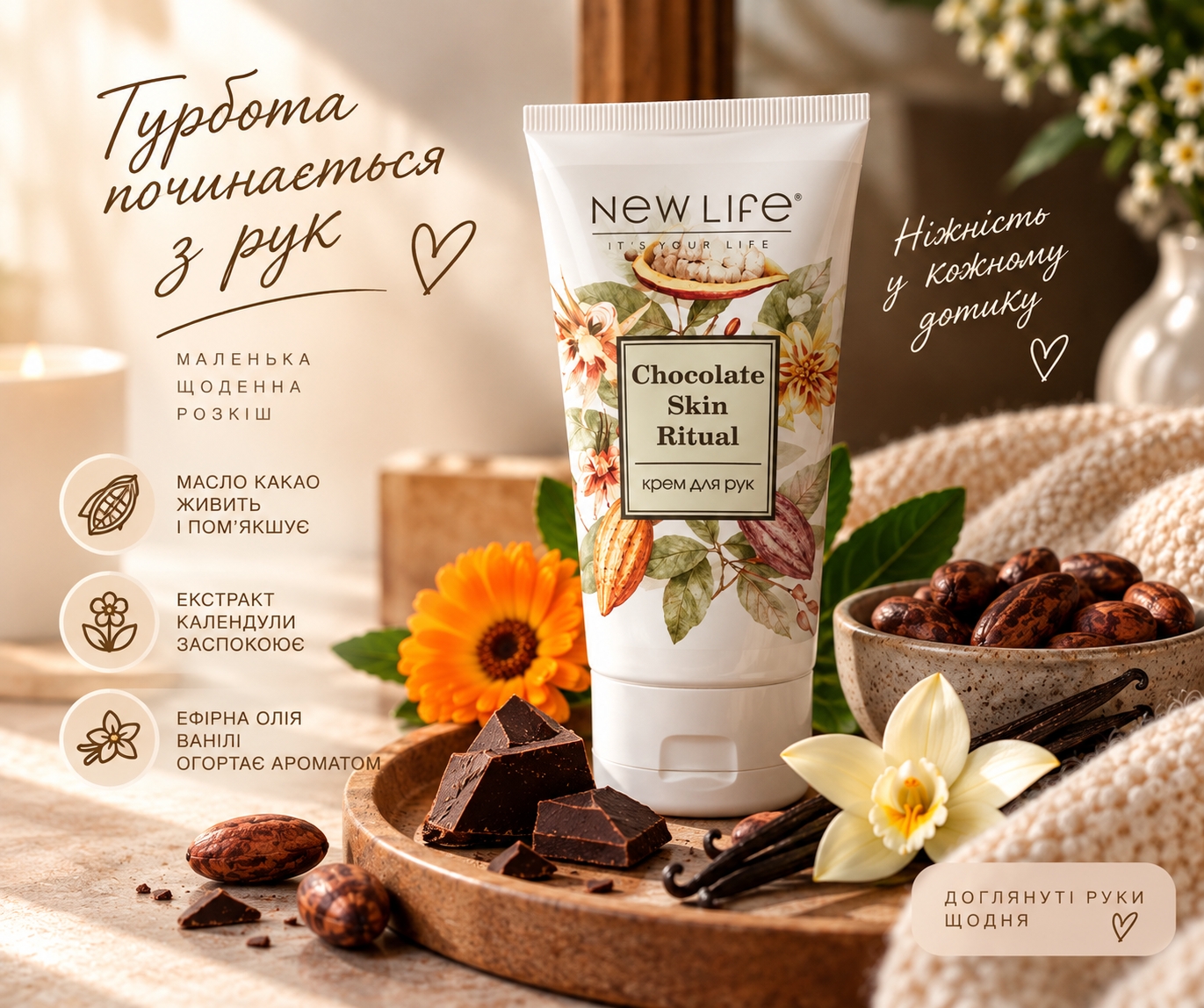 CHOCOLATE SKIN RITUAL — крем для рук с маслом какао Крем для рук с маслом какао CHOCOLATE SKIN RITUAL NEW LIFE для сухой и чувствительной кожи